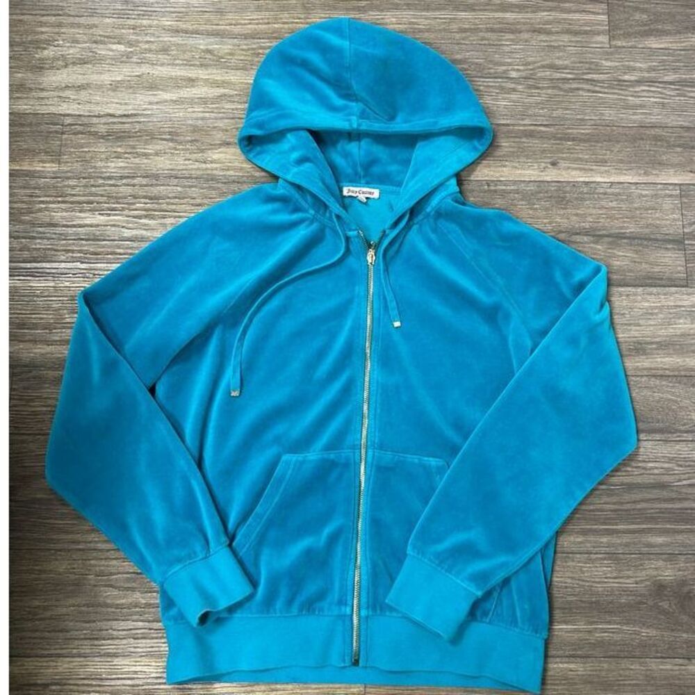 Juicy Couture Velour Track Jacket Women Size Medium Blue/Green Full Zip Hooded